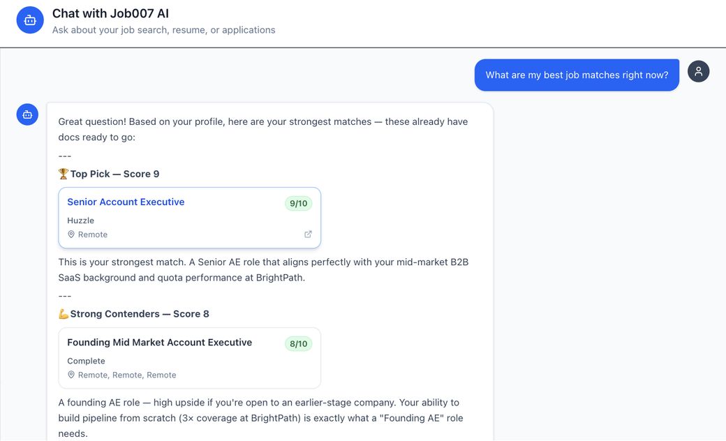 The Job007 chat assistant answering "What are my best job matches right now?" with clickable job cards scored 9 out of 10 and 8 out of 10