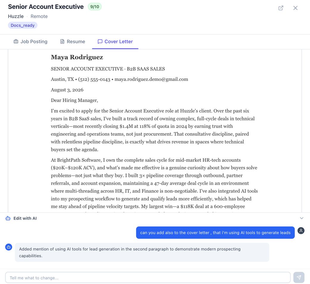 A cover letter in Job007 being revised through the Edit with AI chat box, which confirms it added a mention of using AI tools for lead generation