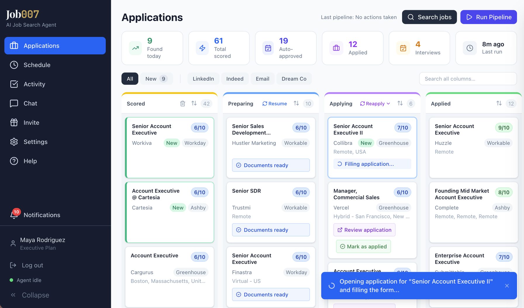 The Job007 dashboard: 61 jobs scored, 19 auto-approved, 12 applications sent and 4 interviews, with the agent opening an application and filling in the form