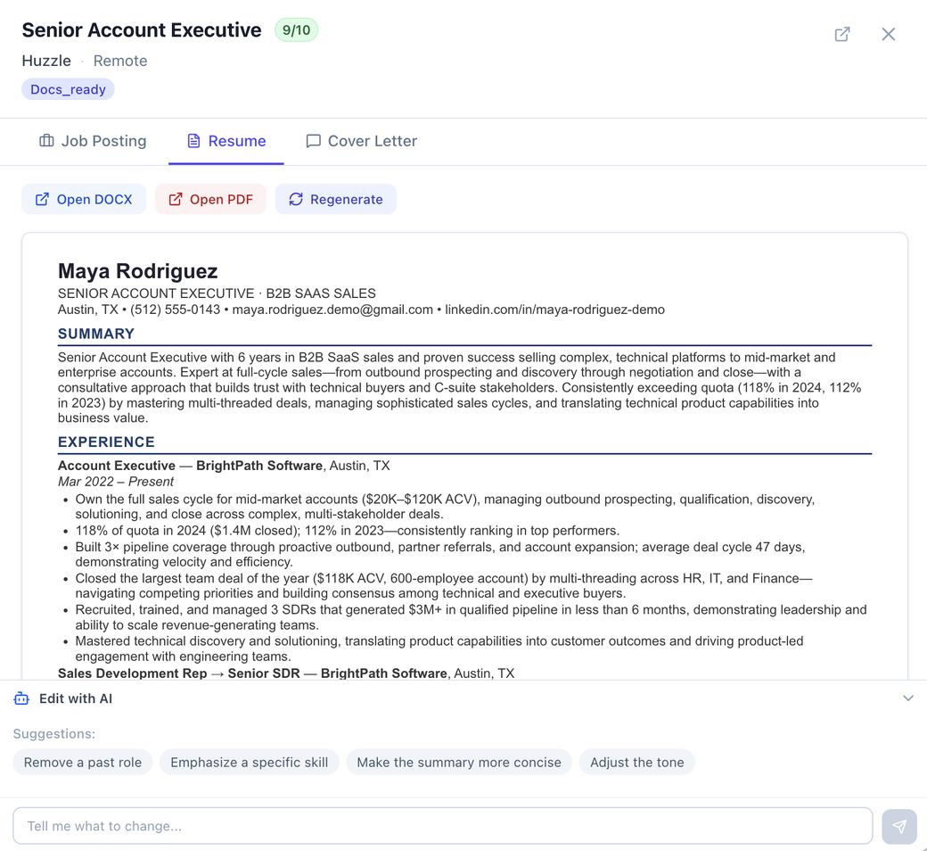 A tailored resume generated by Job007 with an Edit with AI chat box beneath it