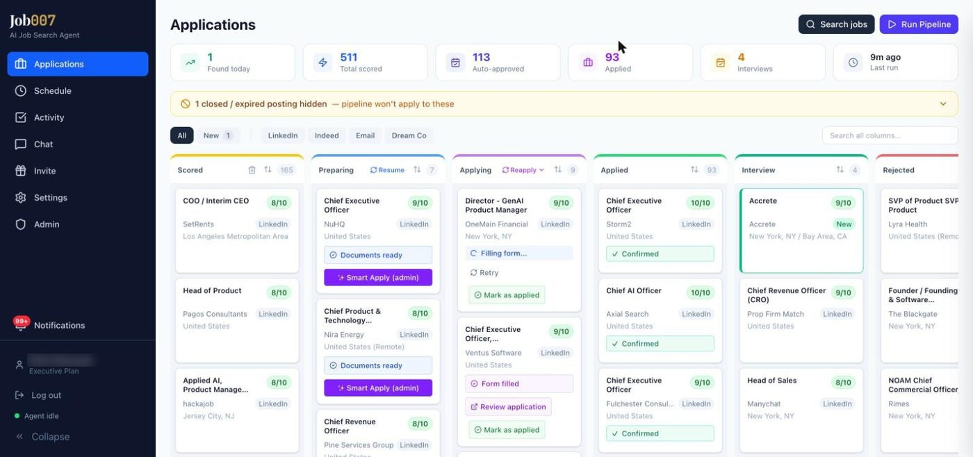 The Job007 pipeline board with jobs scored, preparing, applying, applied and at interview